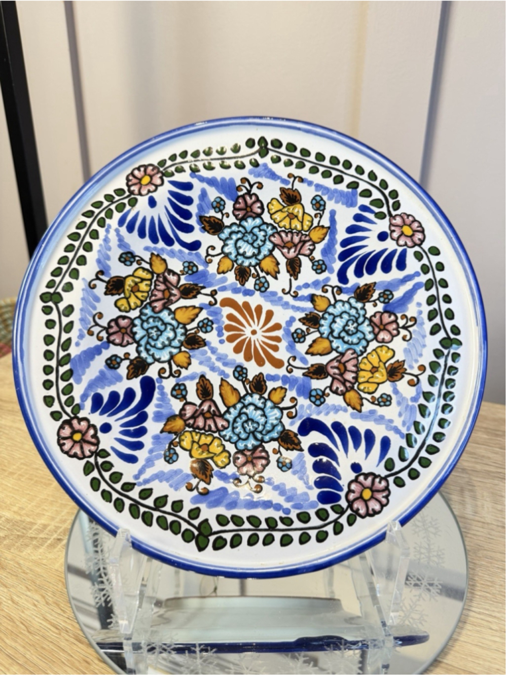 Vintage Talavera Hand Painted Pottery Plate Tlaxcala Mexico La Corona Crown 10”